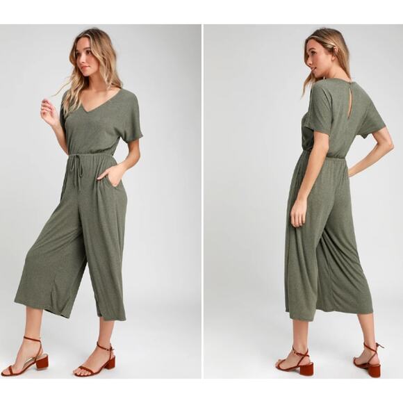 Lulus Size S Melinda Olive Green Short Sleeve Jumpsuit Ribbed Elastic Waist Tie - Picture 1 of 13